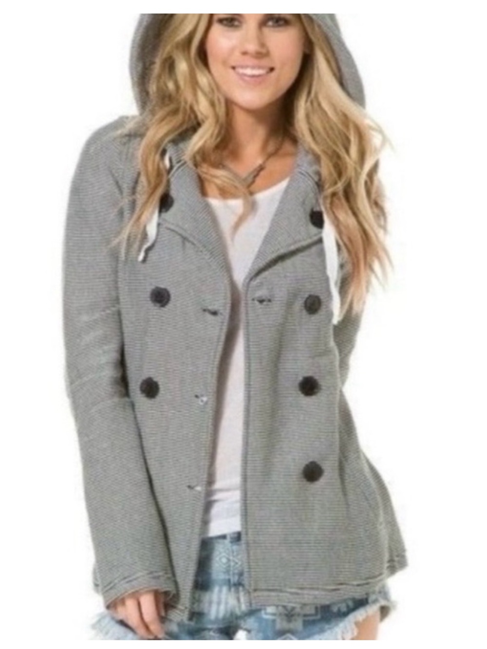 Roxy “The Cuddle” Navy White Knit Stripe Double Breasted Hooded Jaxket XL